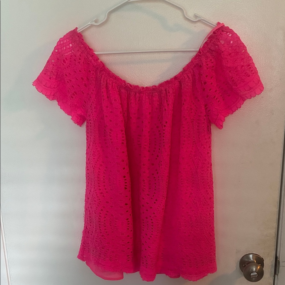 Lilly Pulitzer Bright Hot Pink Marble Lace Top Women's size M - Picture 3 of 5